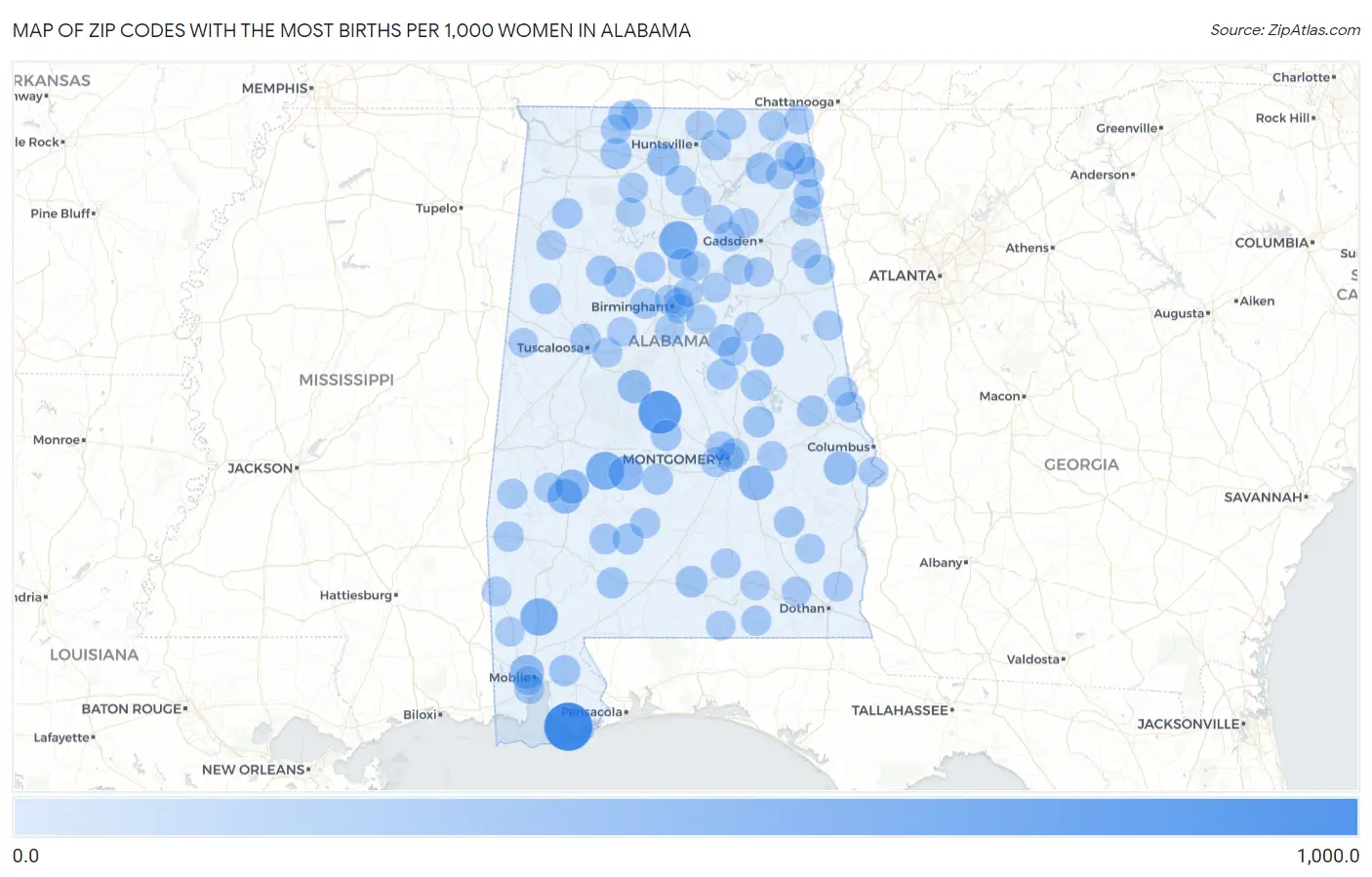 Zip Codes with the Most Births per 1,000 Women in Alabama Map