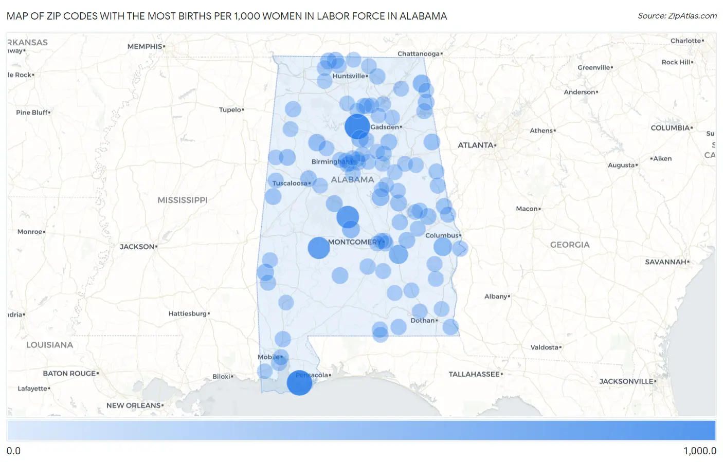Zip Codes with the Most Births per 1,000 Women in Labor Force in Alabama Map