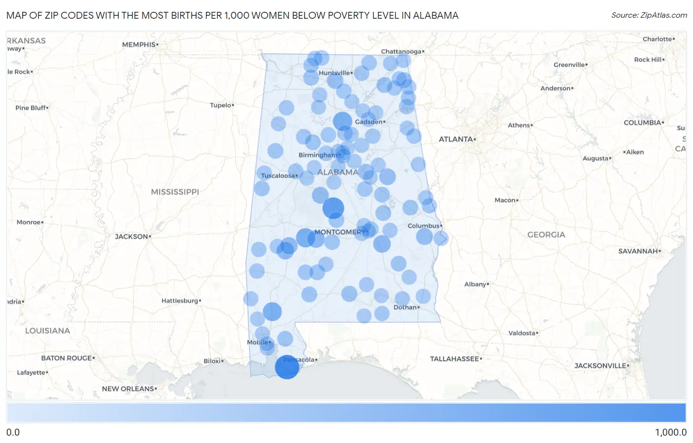 Zip Codes with the Most Births per 1,000 Women Below Poverty Level in Alabama Map