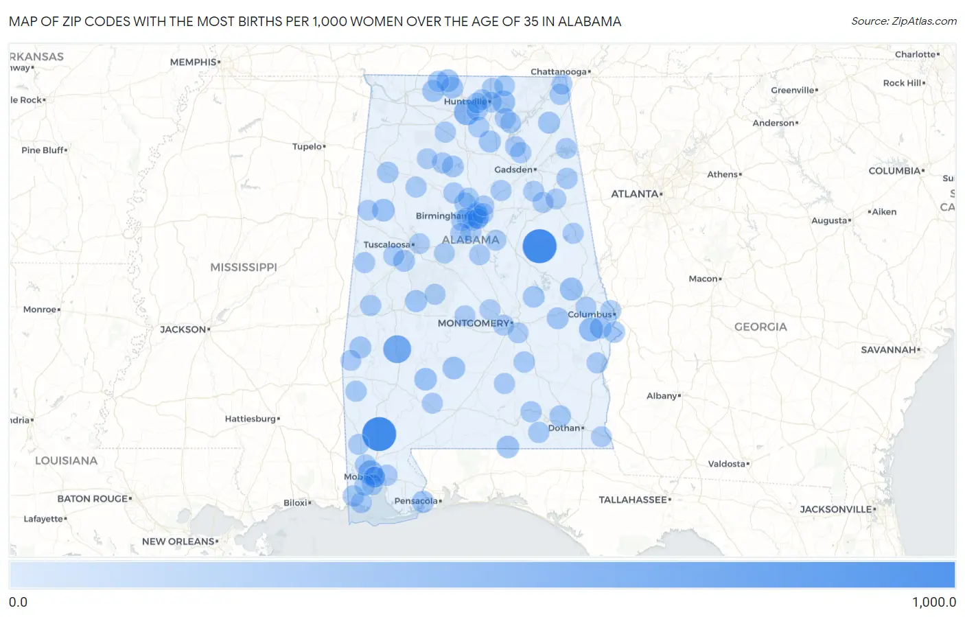 Zip Codes with the Most Births per 1,000 Women Over the Age of 35 in Alabama Map