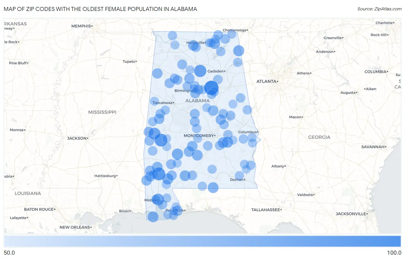Zip Codes with the Oldest Female Population in Alabama Map