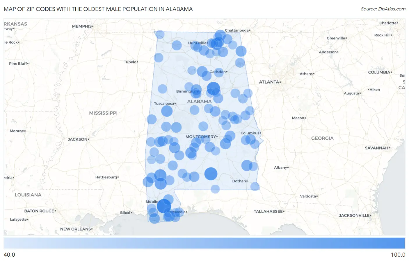 Zip Codes with the Oldest Male Population in Alabama Map