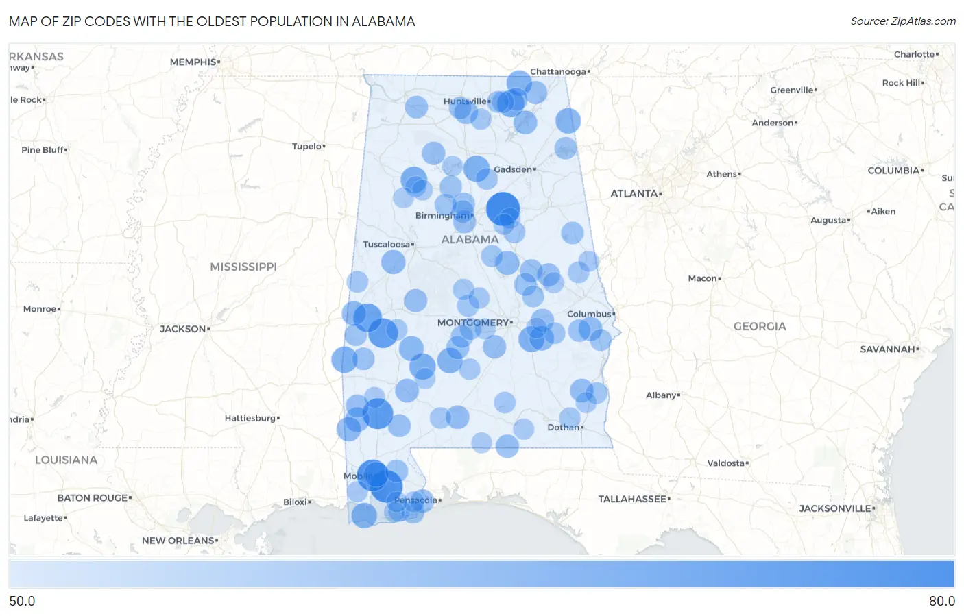 Zip Codes with the Oldest Population in Alabama Map
