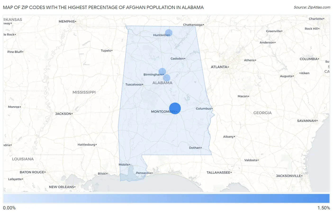 Zip Codes with the Highest Percentage of Afghan Population in Alabama Map