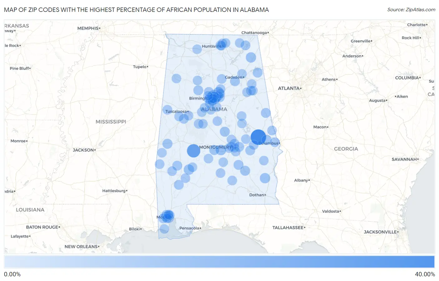 Zip Codes with the Highest Percentage of African Population in Alabama Map