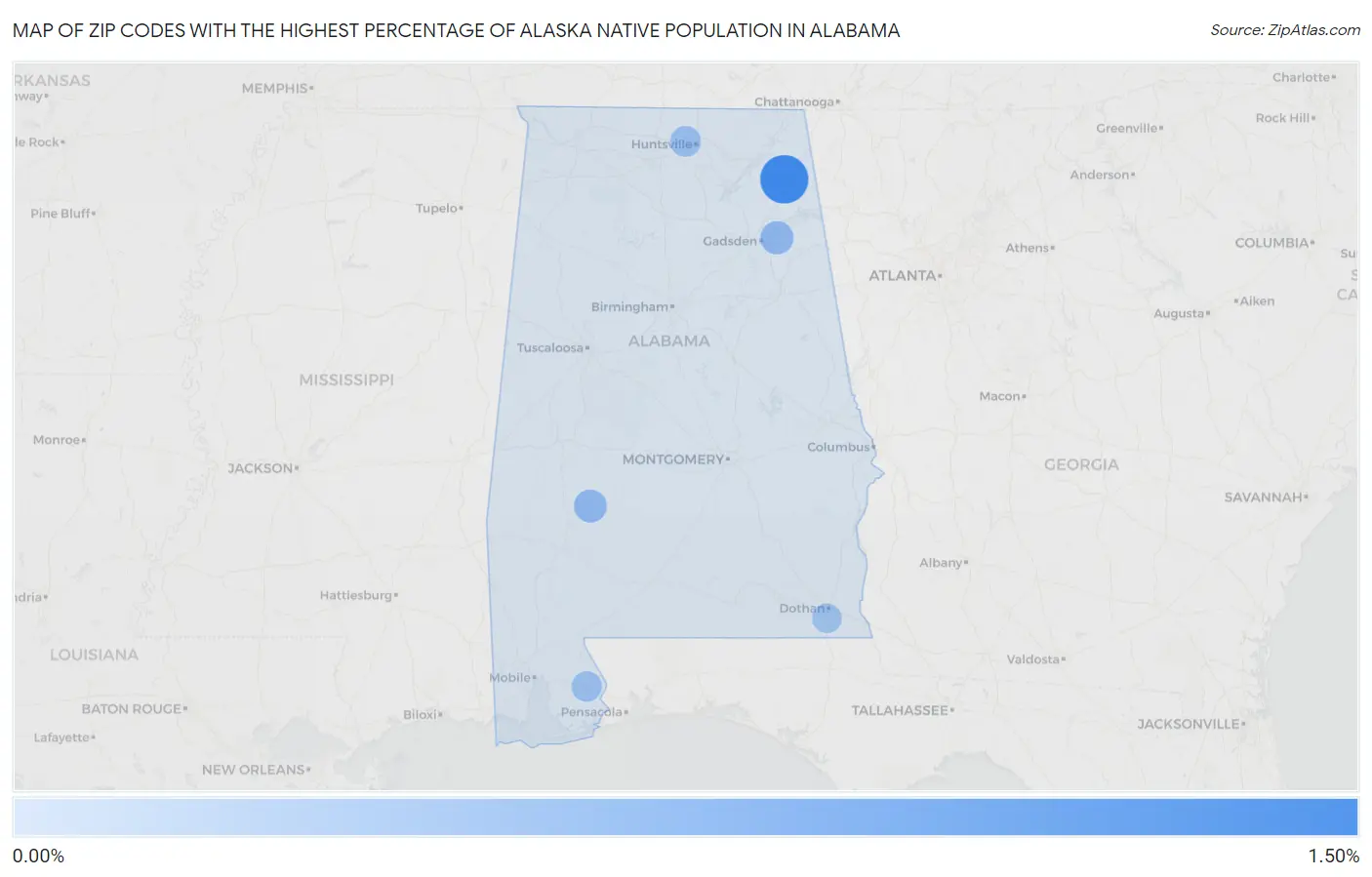 Zip Codes with the Highest Percentage of Alaska Native Population in Alabama Map