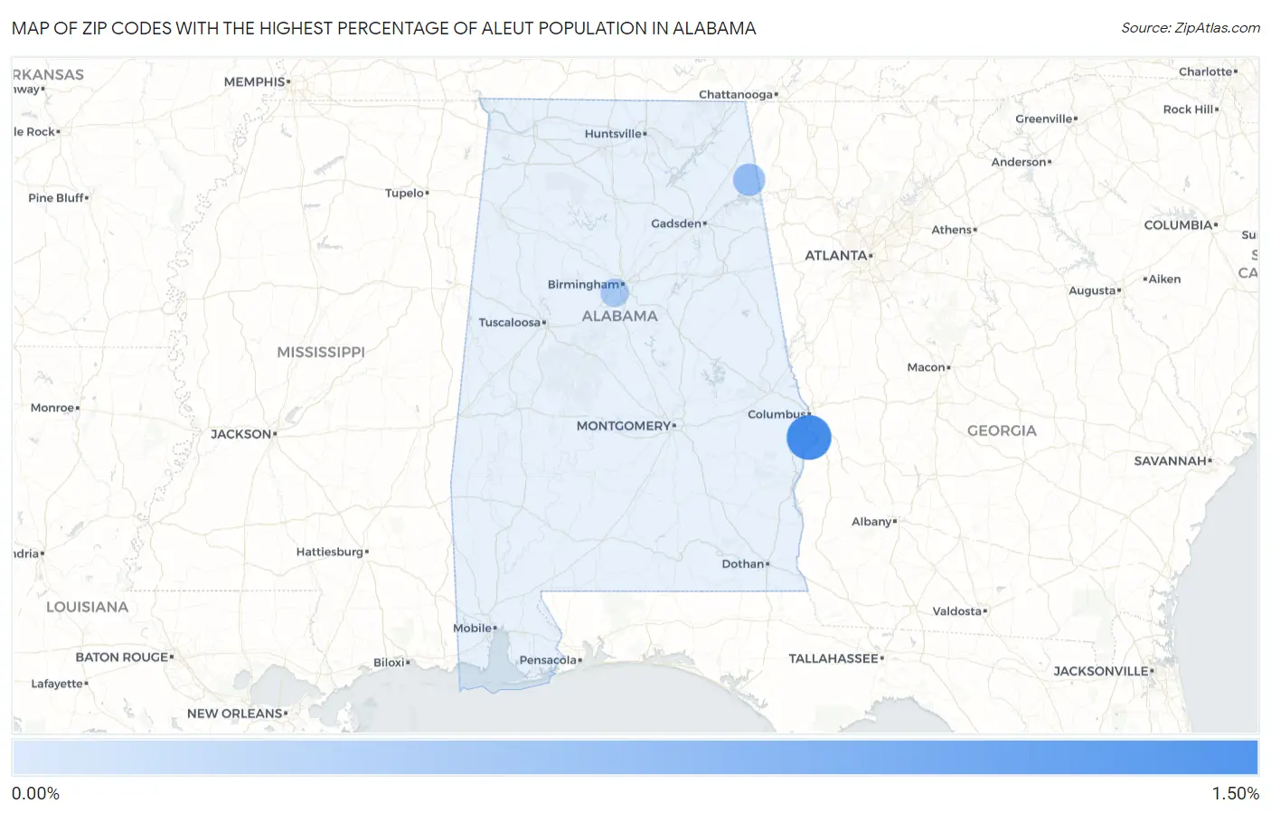 Zip Codes with the Highest Percentage of Aleut Population in Alabama Map