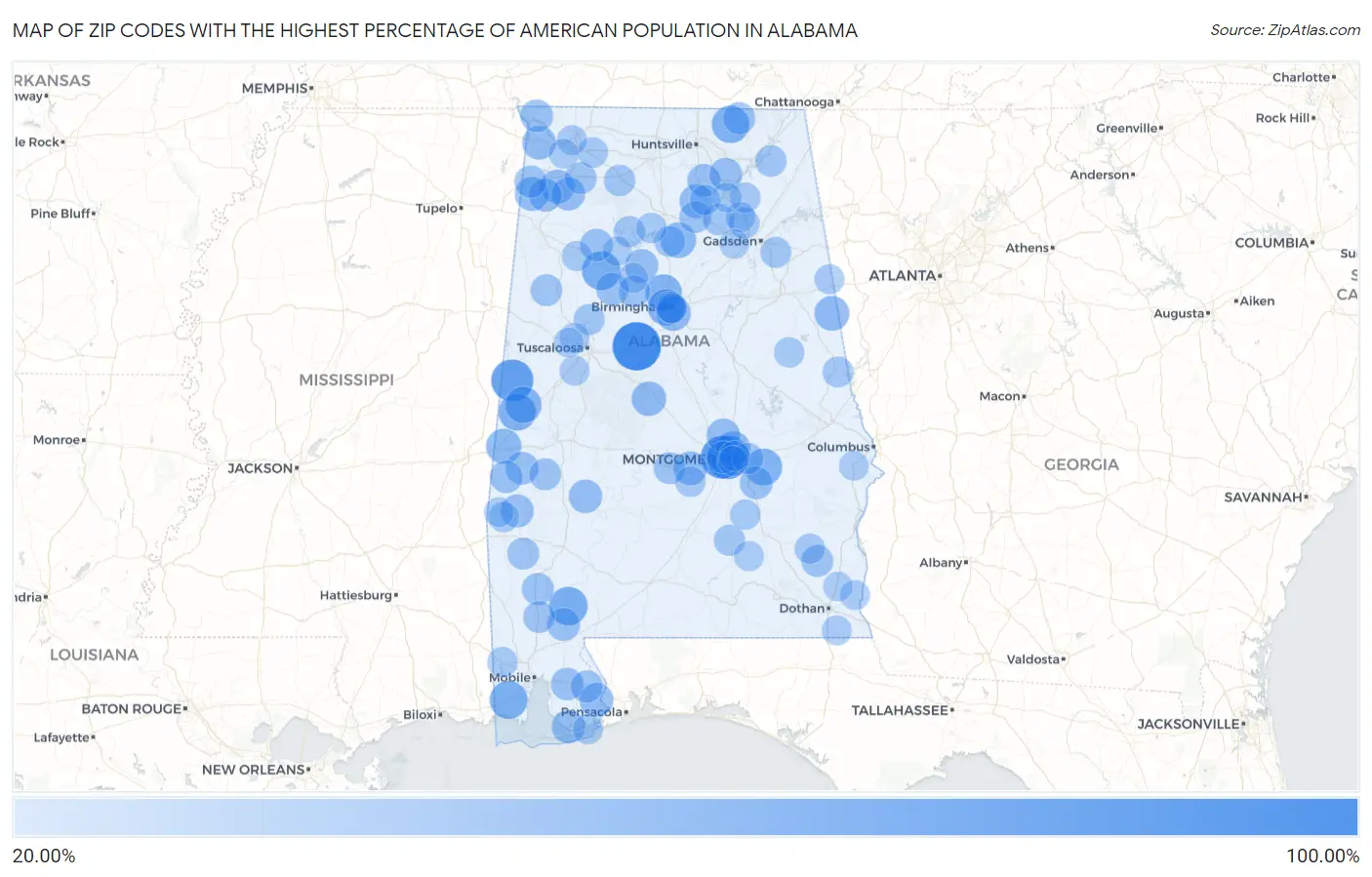 Zip Codes with the Highest Percentage of American Population in Alabama Map