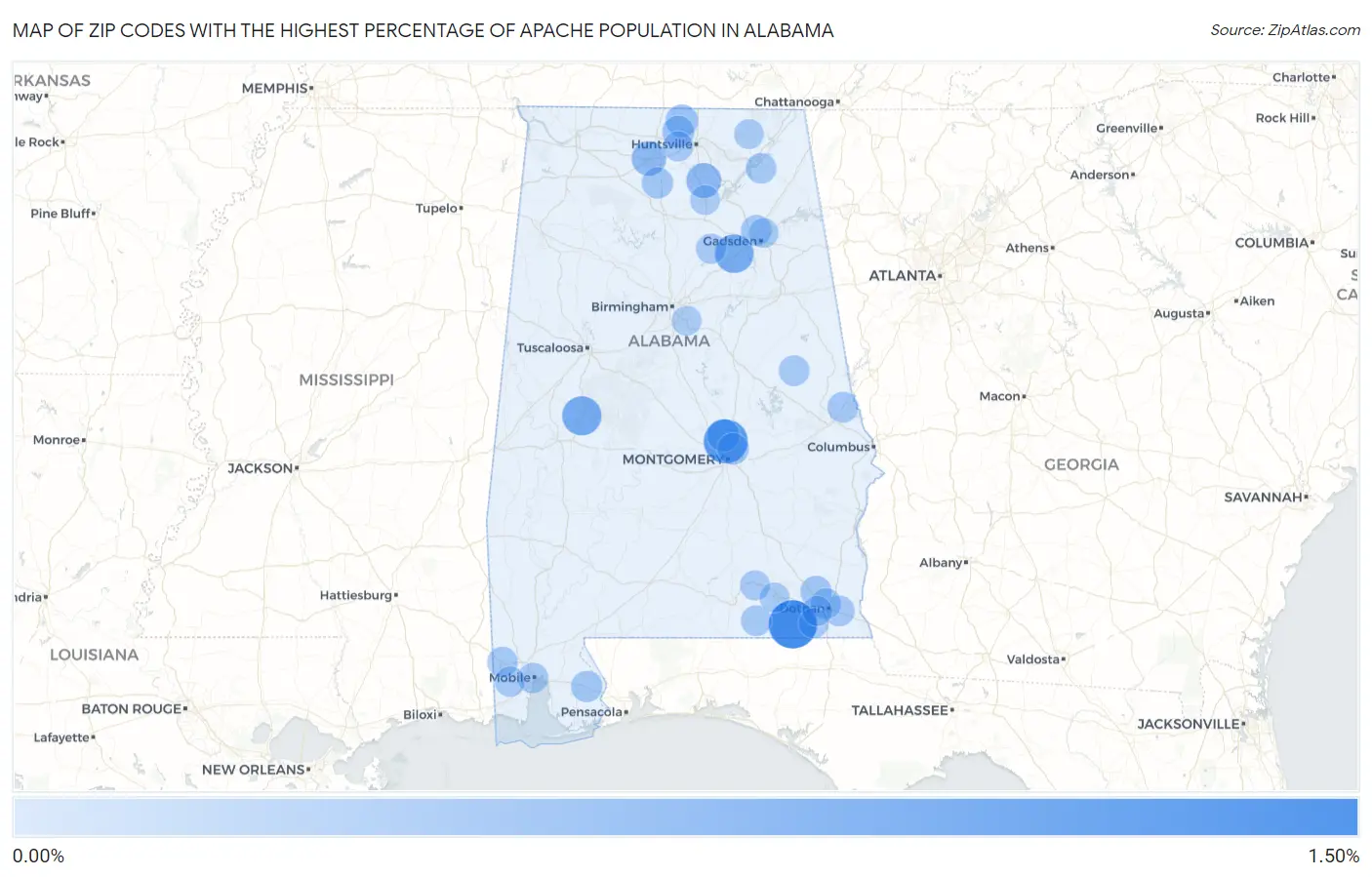 Zip Codes with the Highest Percentage of Apache Population in Alabama Map