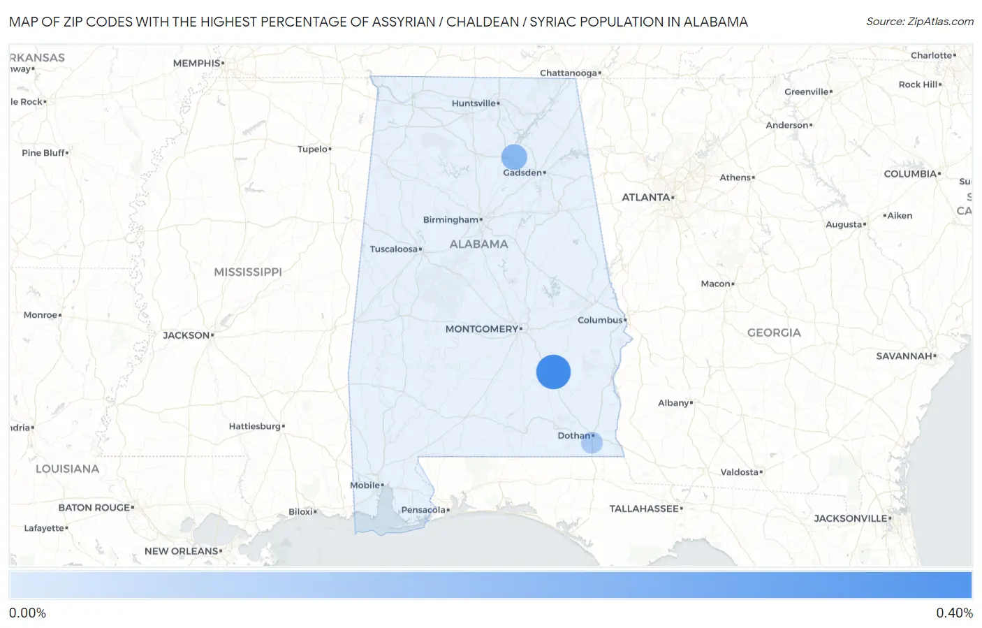 Zip Codes with the Highest Percentage of Assyrian / Chaldean / Syriac Population in Alabama Map
