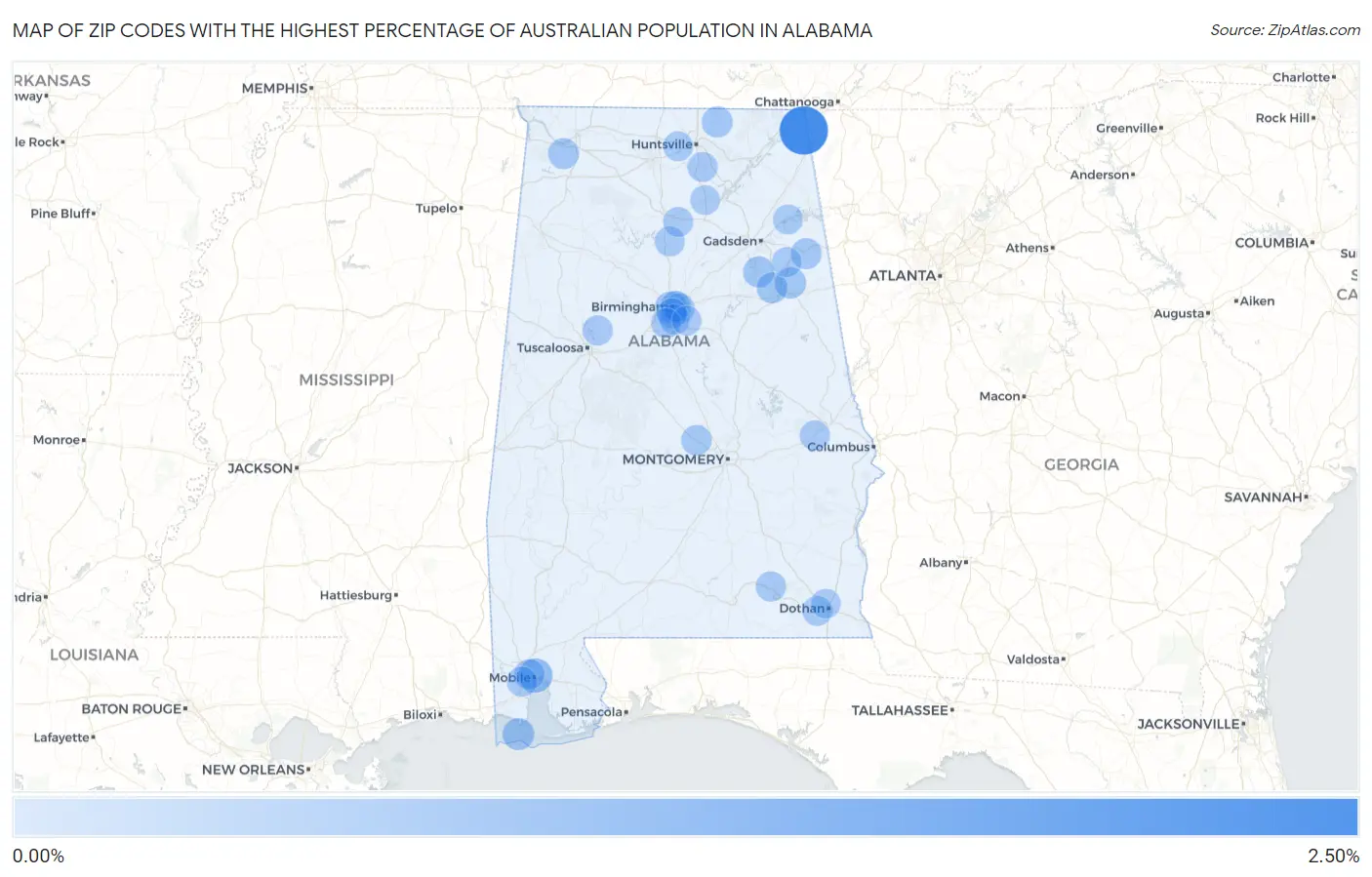 Zip Codes with the Highest Percentage of Australian Population in Alabama Map