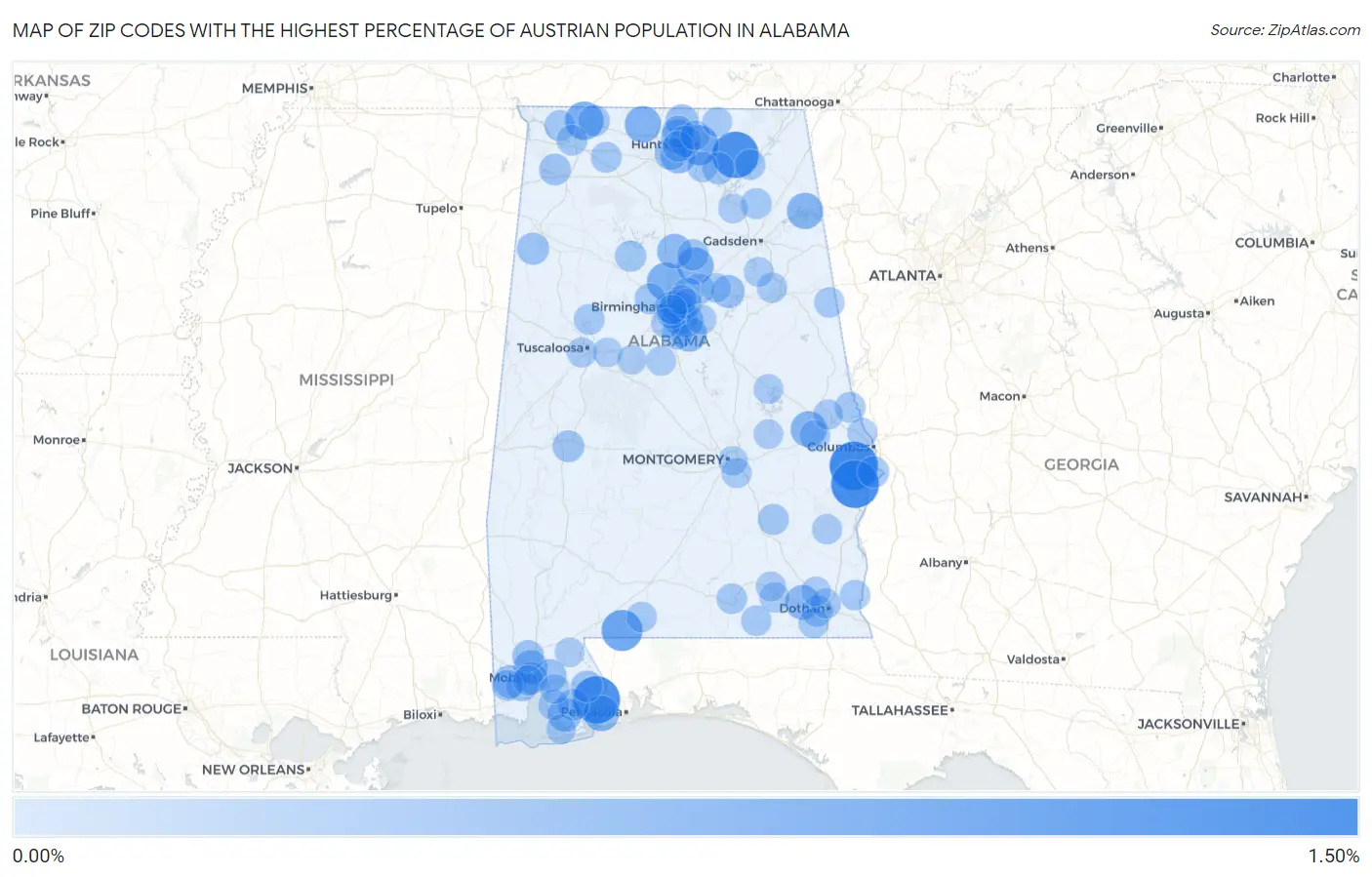 Zip Codes with the Highest Percentage of Austrian Population in Alabama Map