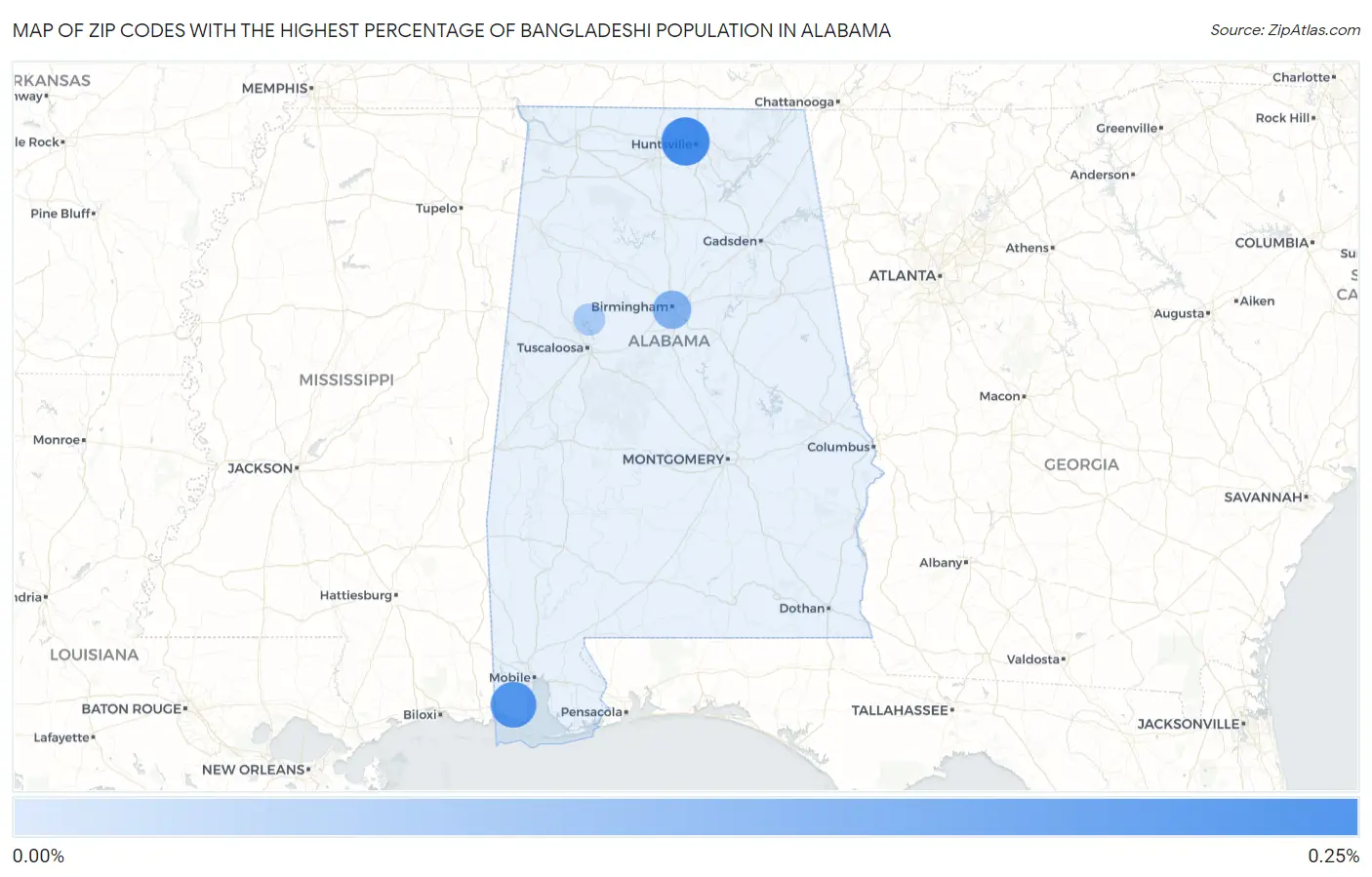 Zip Codes with the Highest Percentage of Bangladeshi Population in Alabama Map