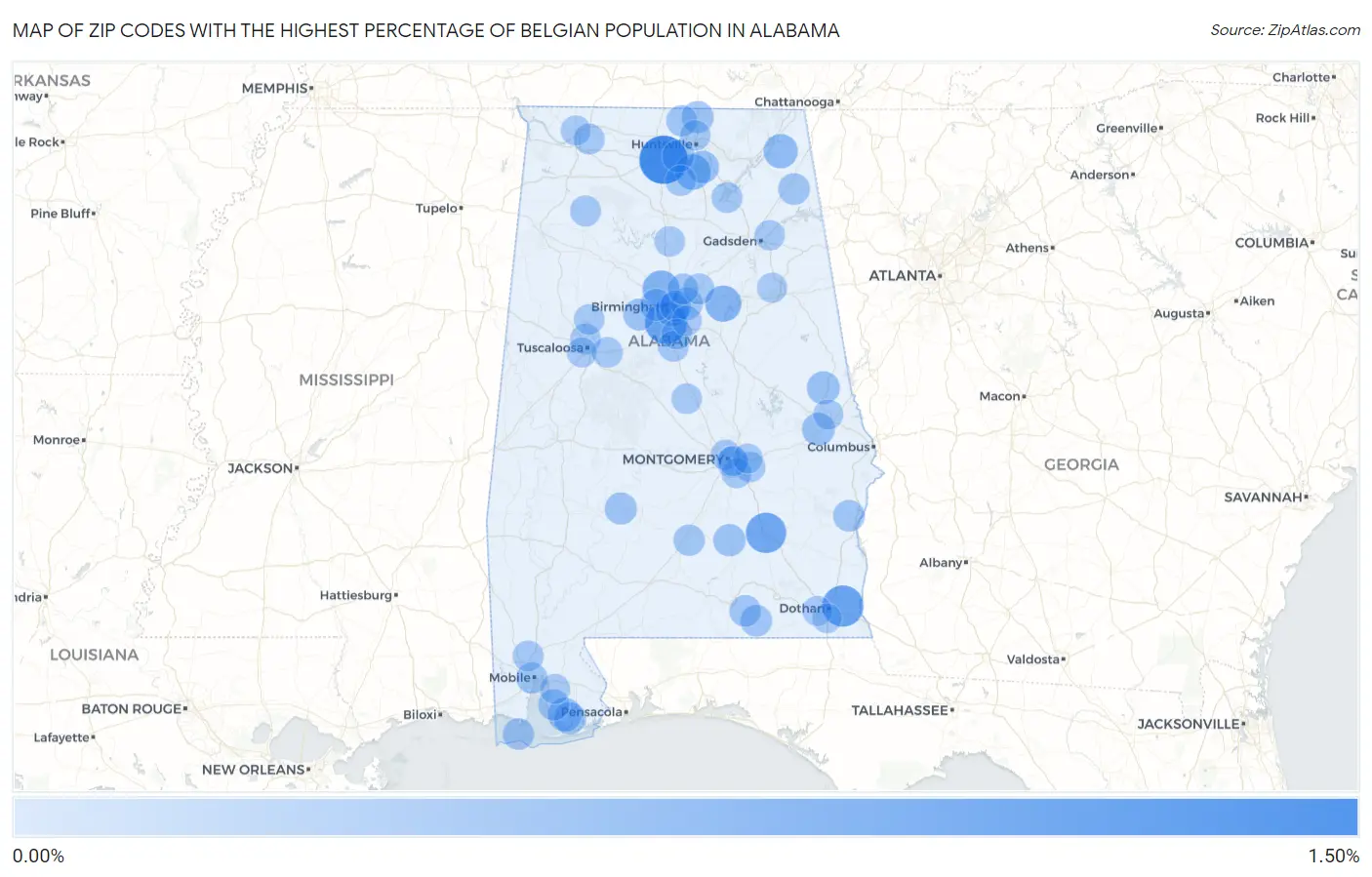 Zip Codes with the Highest Percentage of Belgian Population in Alabama Map