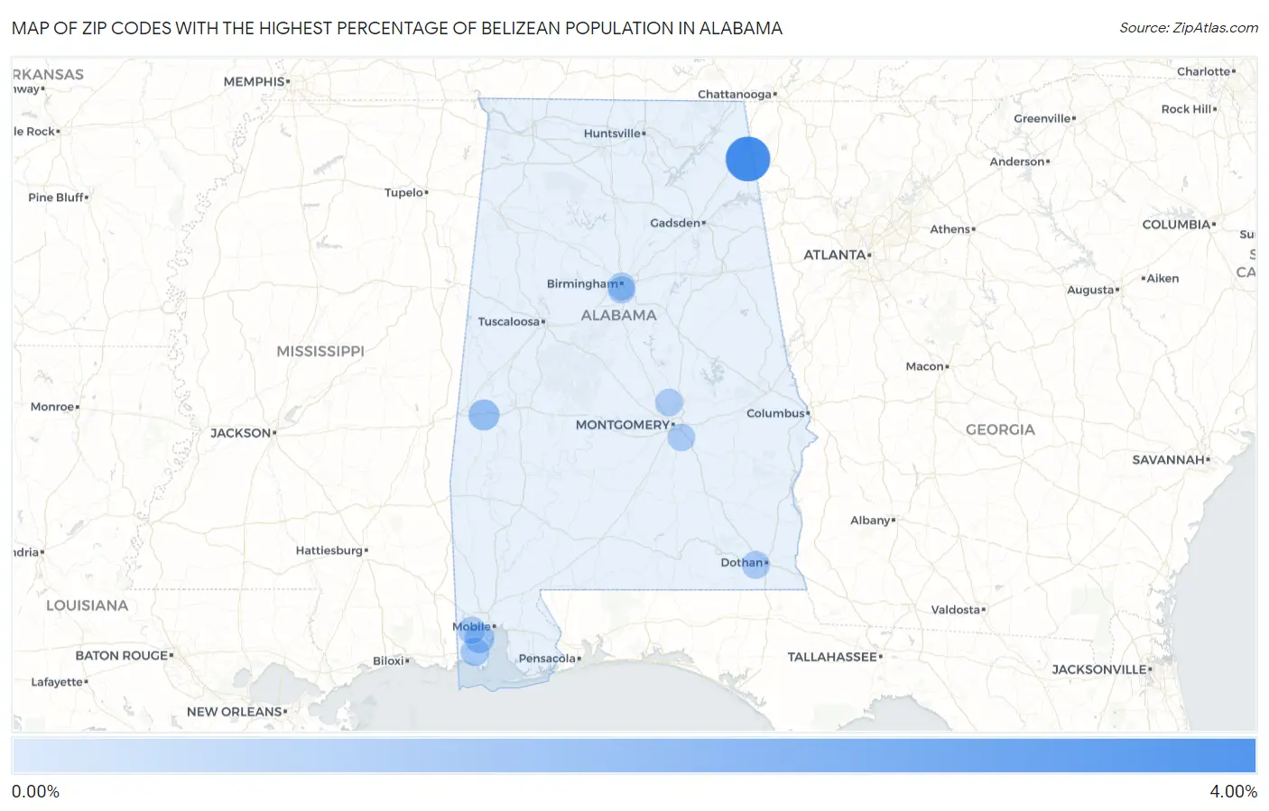 Zip Codes with the Highest Percentage of Belizean Population in Alabama Map