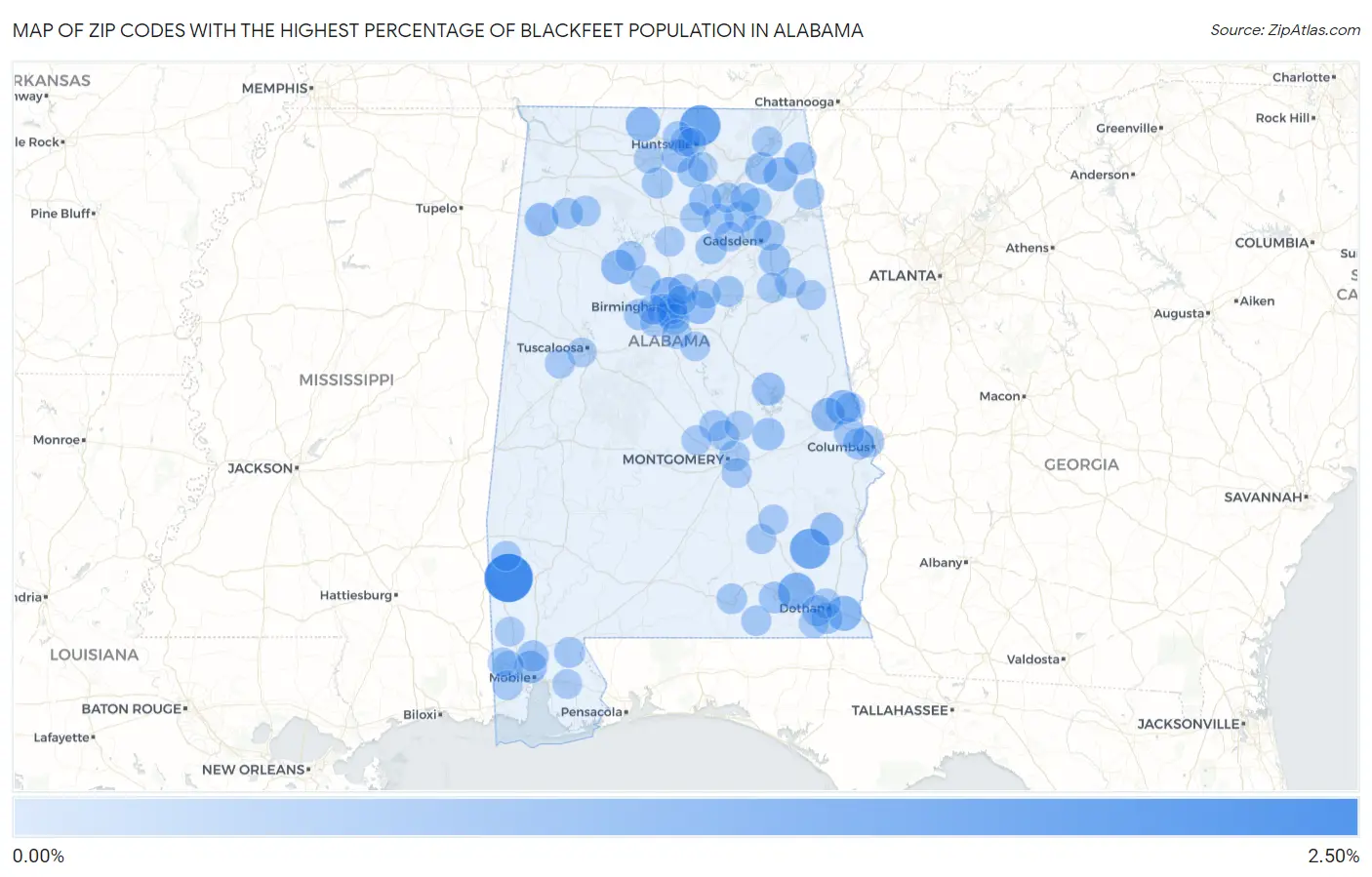 Zip Codes with the Highest Percentage of Blackfeet Population in Alabama Map