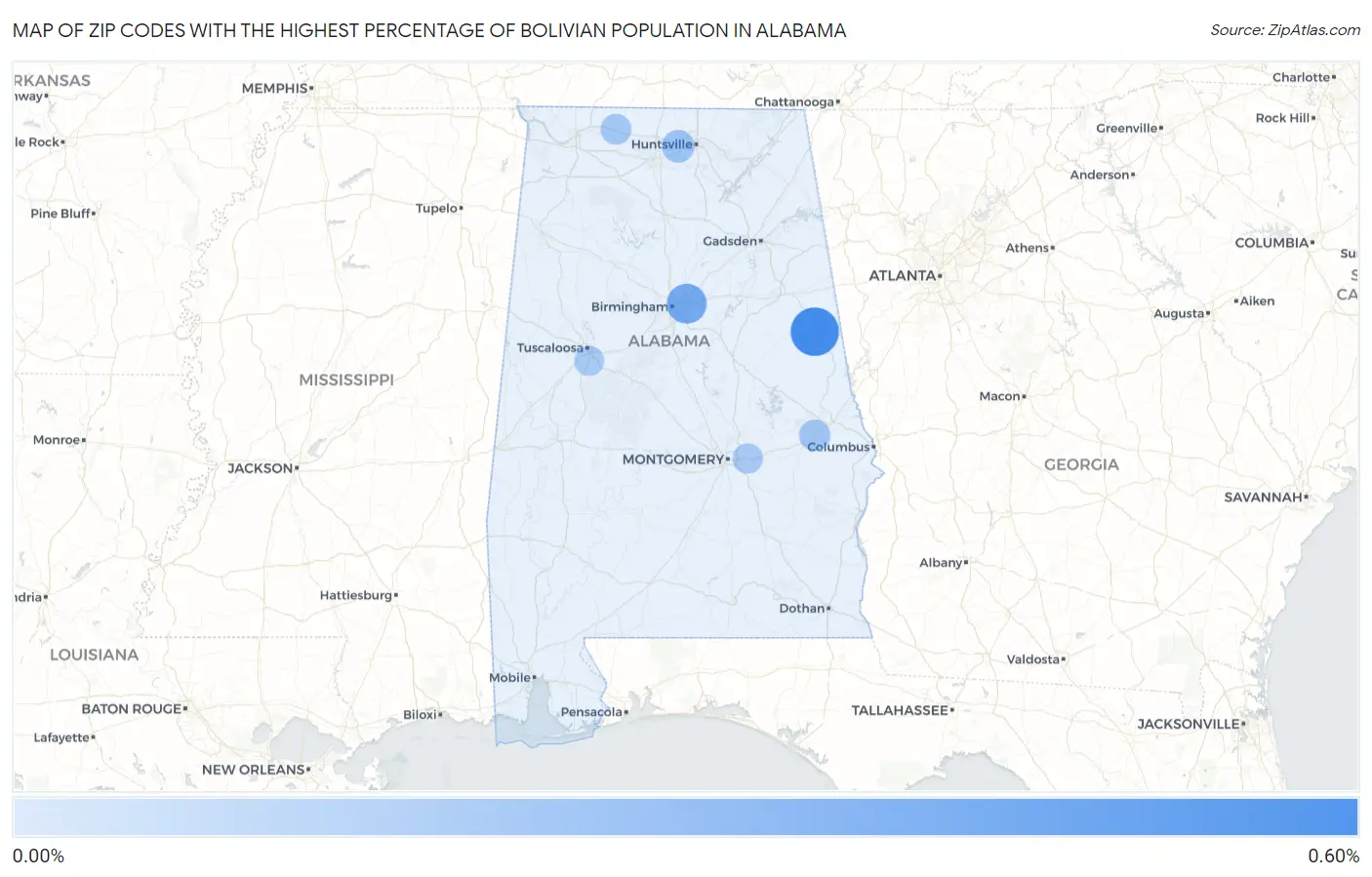 Zip Codes with the Highest Percentage of Bolivian Population in Alabama Map