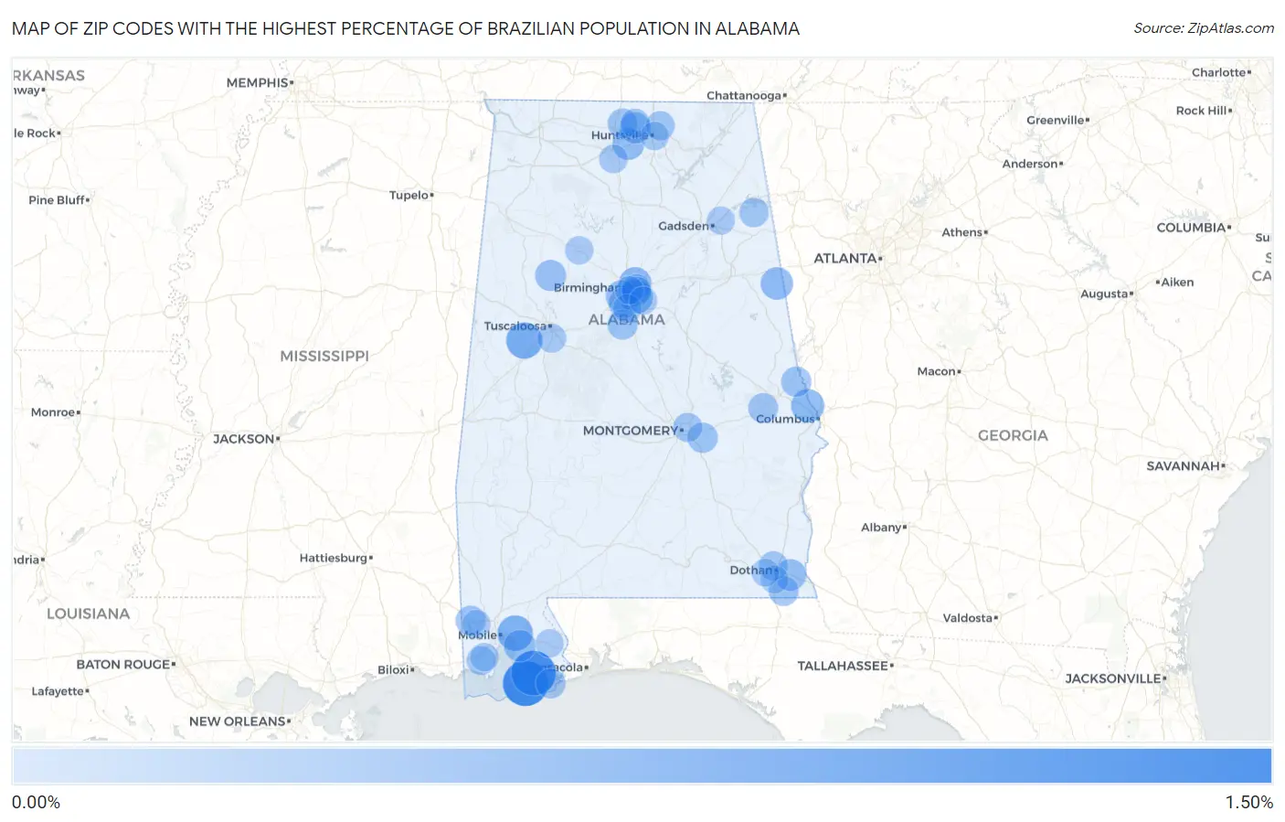 Zip Codes with the Highest Percentage of Brazilian Population in Alabama Map