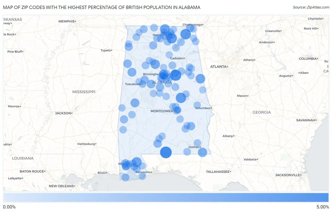 Zip Codes with the Highest Percentage of British Population in Alabama Map