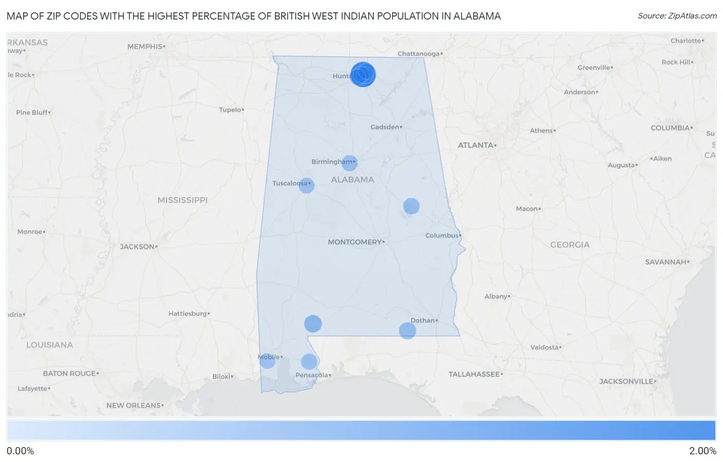Zip Codes with the Highest Percentage of British West Indian Population in Alabama Map