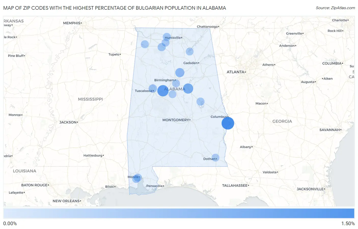 Zip Codes with the Highest Percentage of Bulgarian Population in Alabama Map