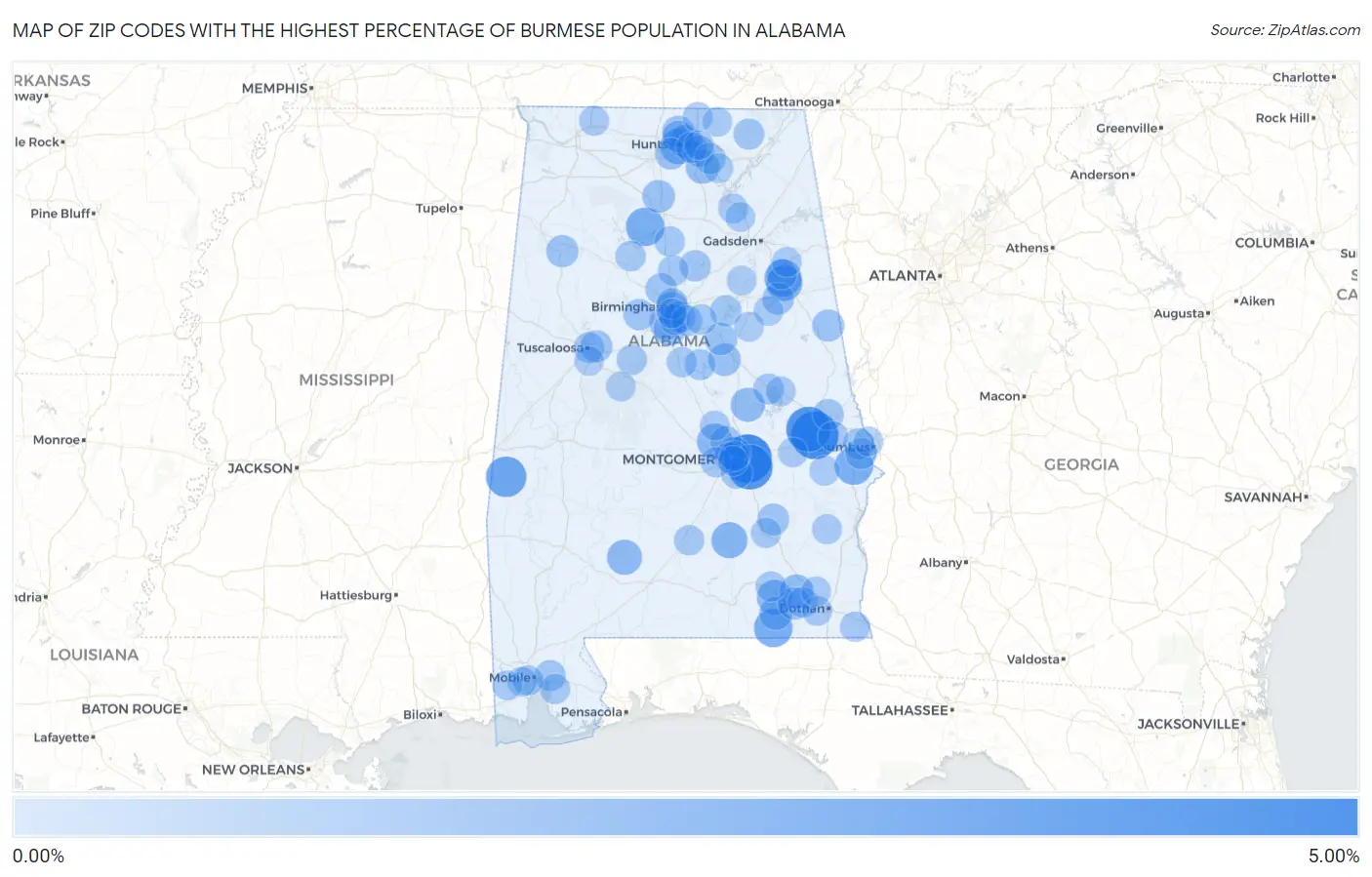 Zip Codes with the Highest Percentage of Burmese Population in Alabama Map