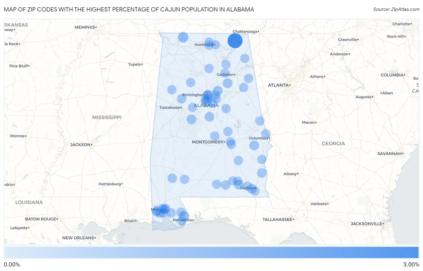 Zip Codes with the Highest Percentage of Cajun Population in Alabama Map