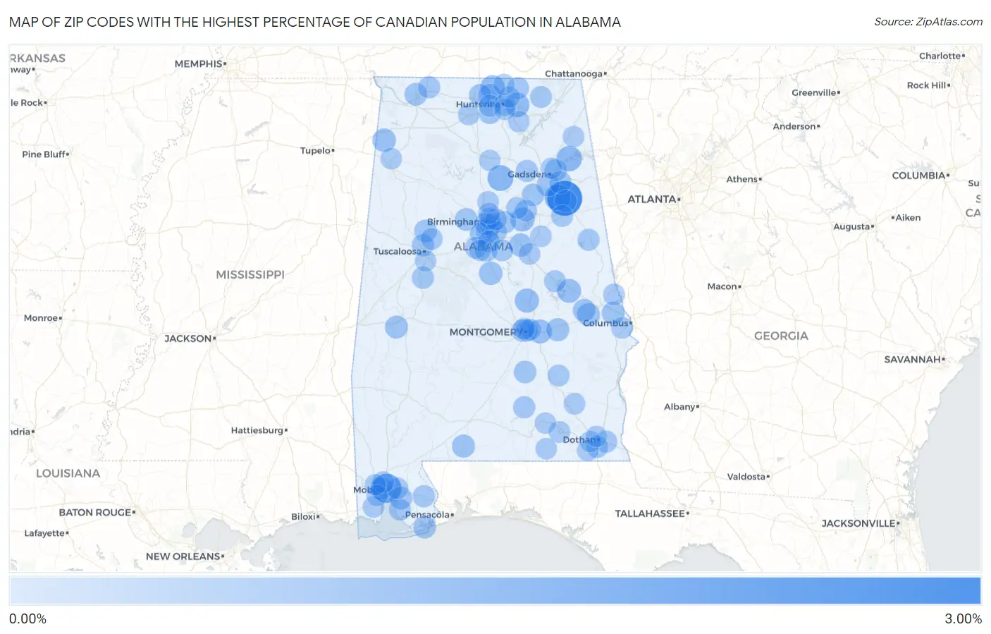 Zip Codes with the Highest Percentage of Canadian Population in Alabama Map