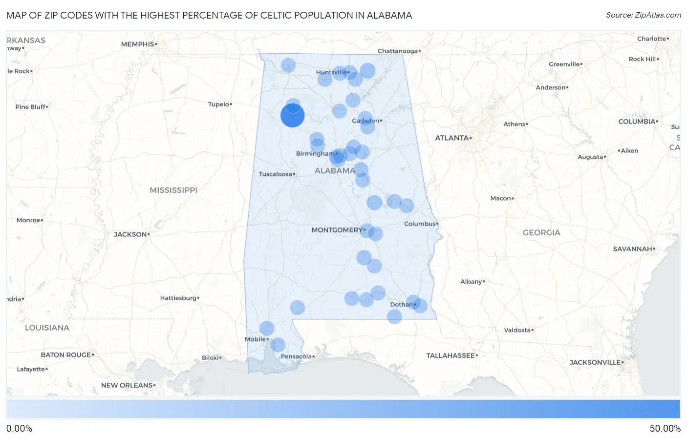 Zip Codes with the Highest Percentage of Celtic Population in Alabama Map