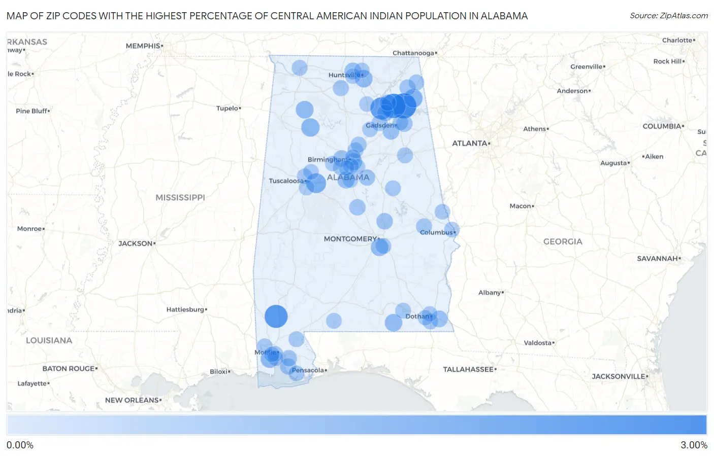 Zip Codes with the Highest Percentage of Central American Indian Population in Alabama Map