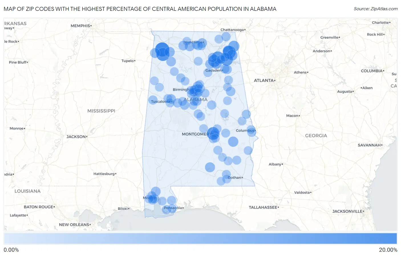 Zip Codes with the Highest Percentage of Central American Population in Alabama Map