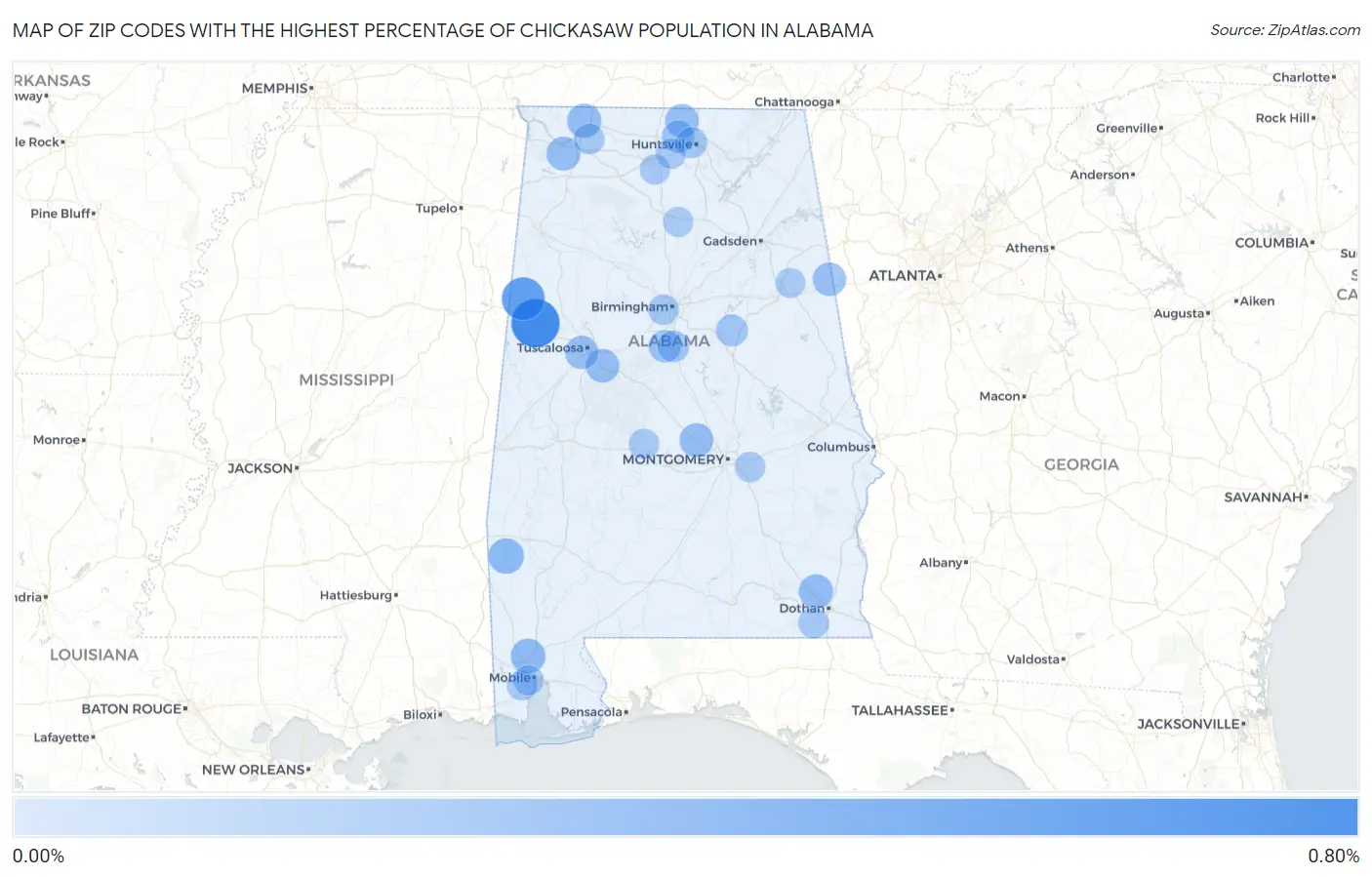 Zip Codes with the Highest Percentage of Chickasaw Population in Alabama Map