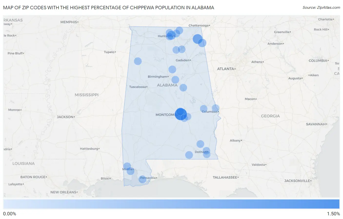 Zip Codes with the Highest Percentage of Chippewa Population in Alabama Map