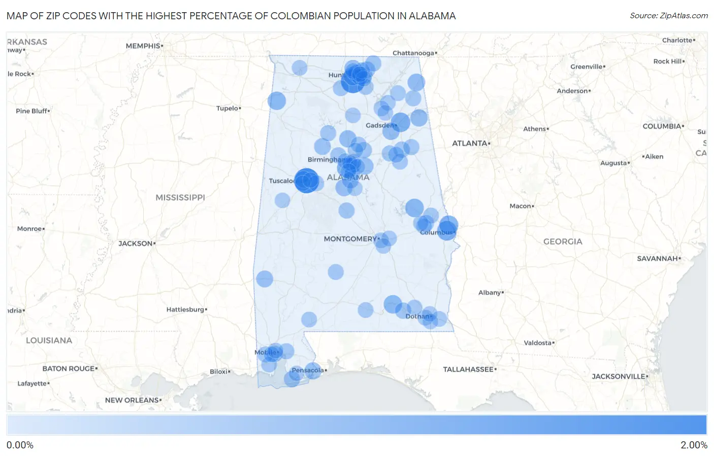 Zip Codes with the Highest Percentage of Colombian Population in Alabama Map
