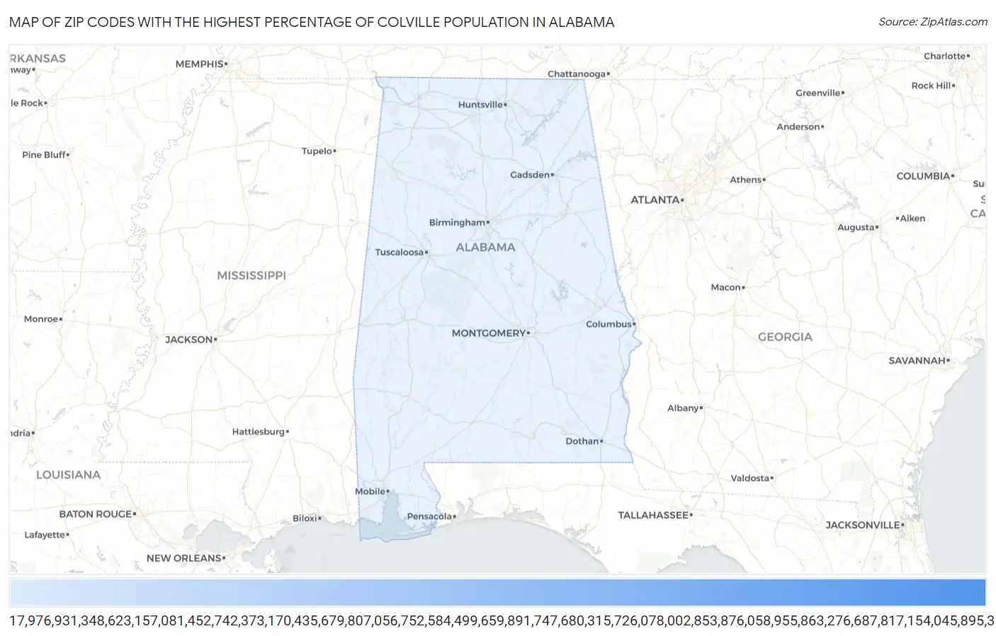 Zip Codes with the Highest Percentage of Colville Population in Alabama Map