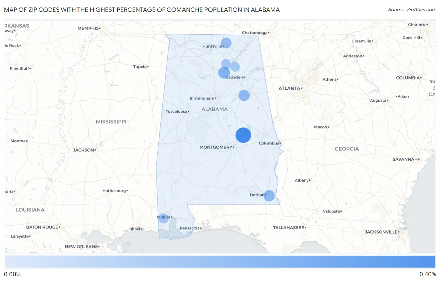 Zip Codes with the Highest Percentage of Comanche Population in Alabama Map