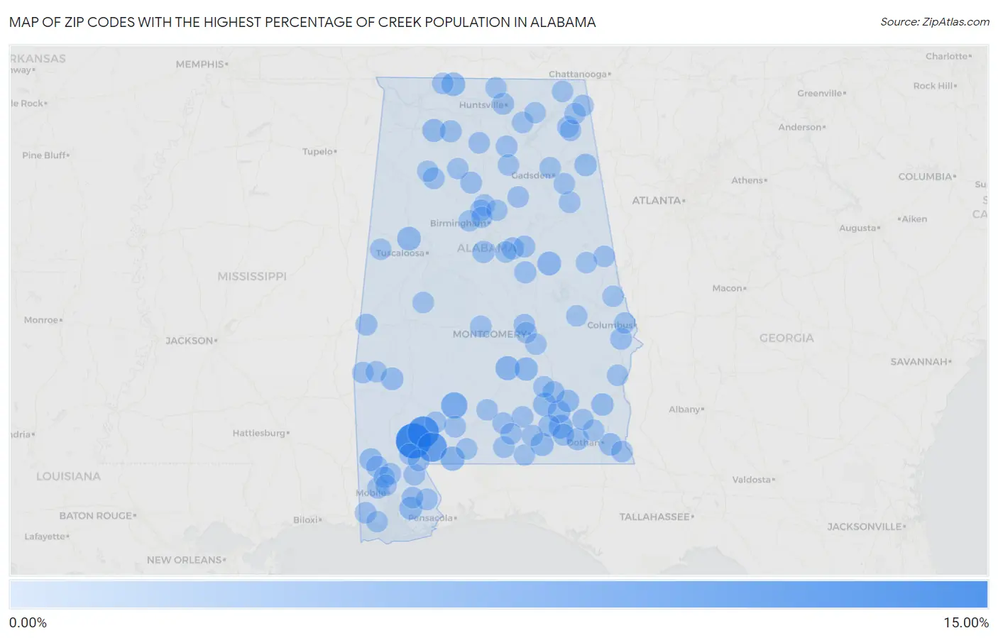 Zip Codes with the Highest Percentage of Creek Population in Alabama Map