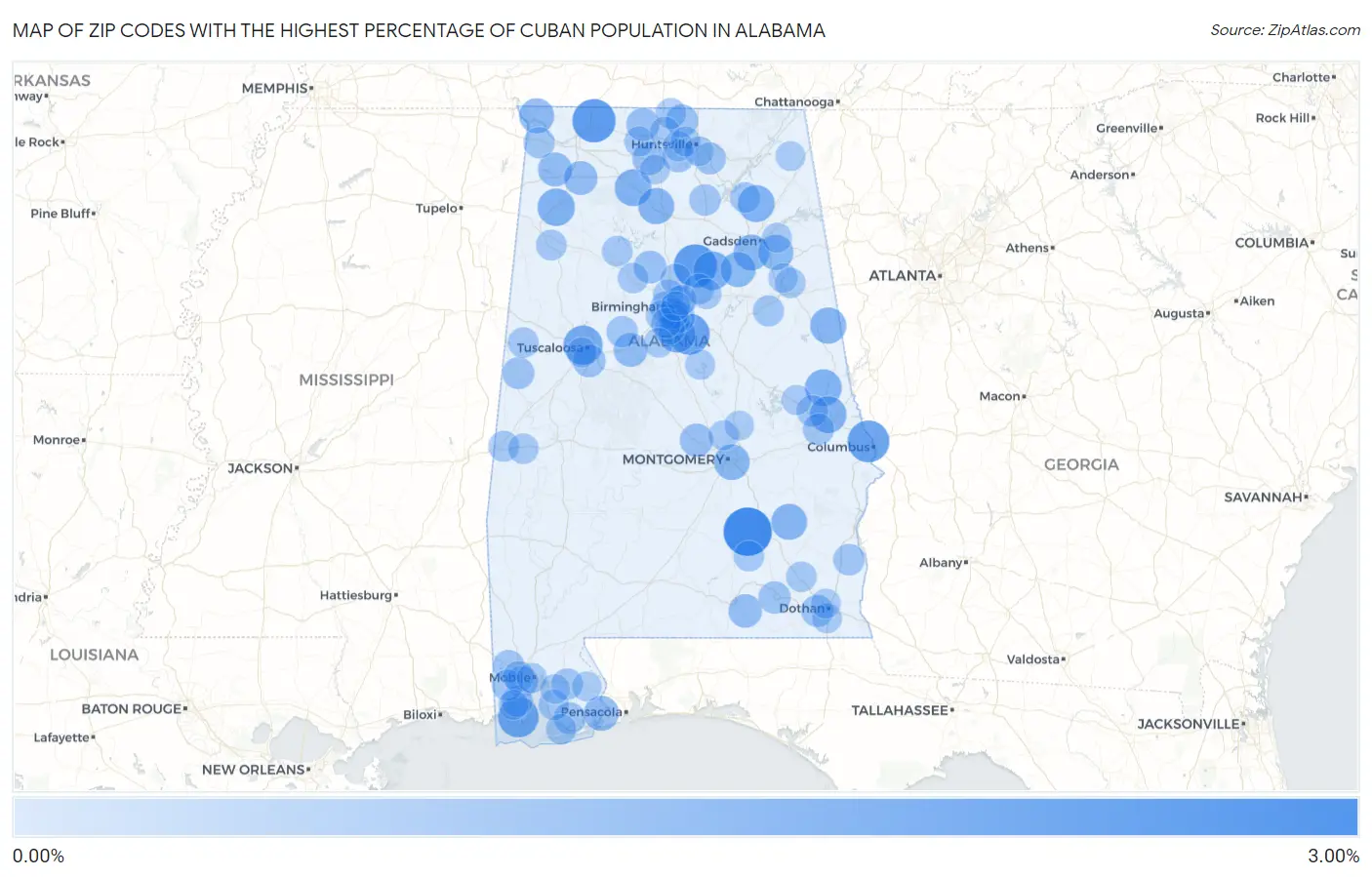 Zip Codes with the Highest Percentage of Cuban Population in Alabama Map