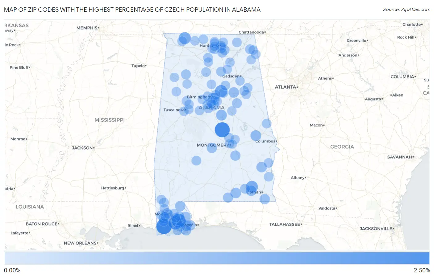 Zip Codes with the Highest Percentage of Czech Population in Alabama Map