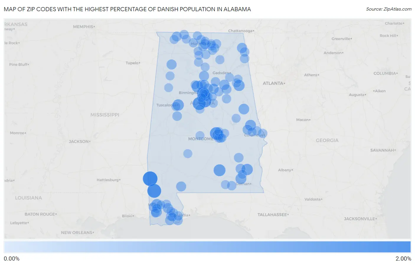 Zip Codes with the Highest Percentage of Danish Population in Alabama Map