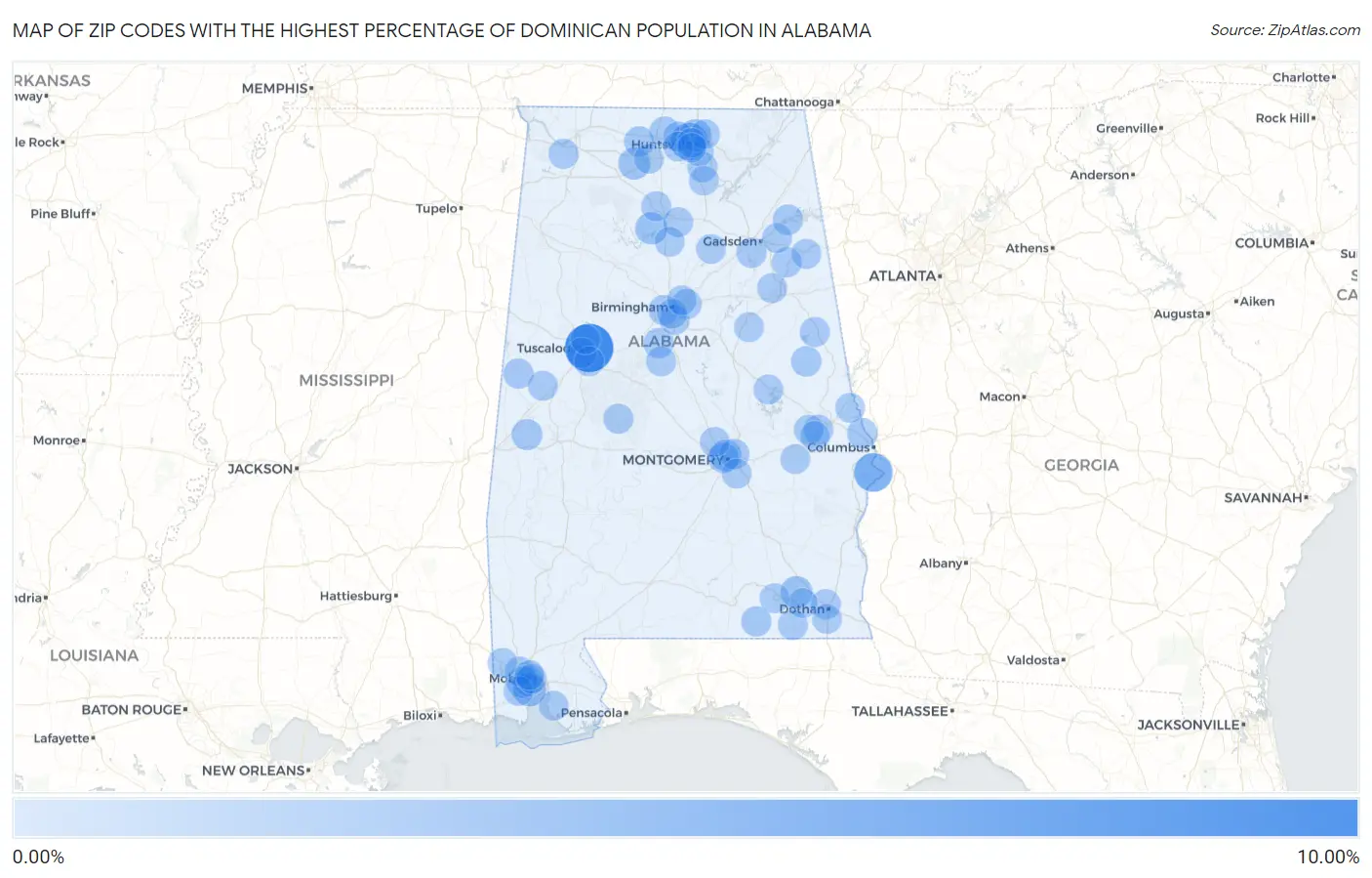 Zip Codes with the Highest Percentage of Dominican Population in Alabama Map