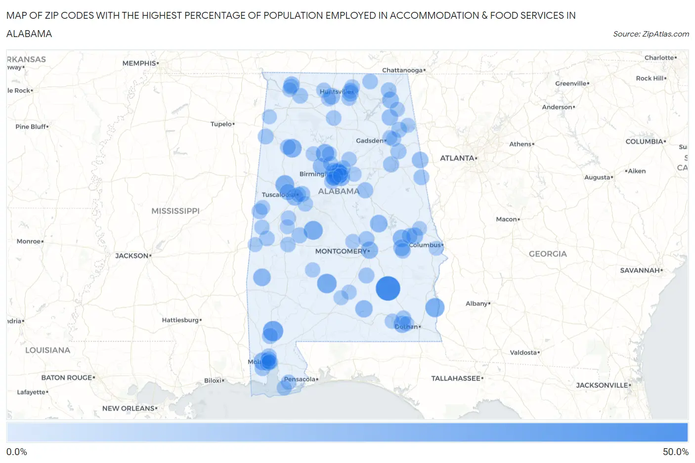 Zip Codes with the Highest Percentage of Population Employed in Accommodation & Food Services in Alabama Map