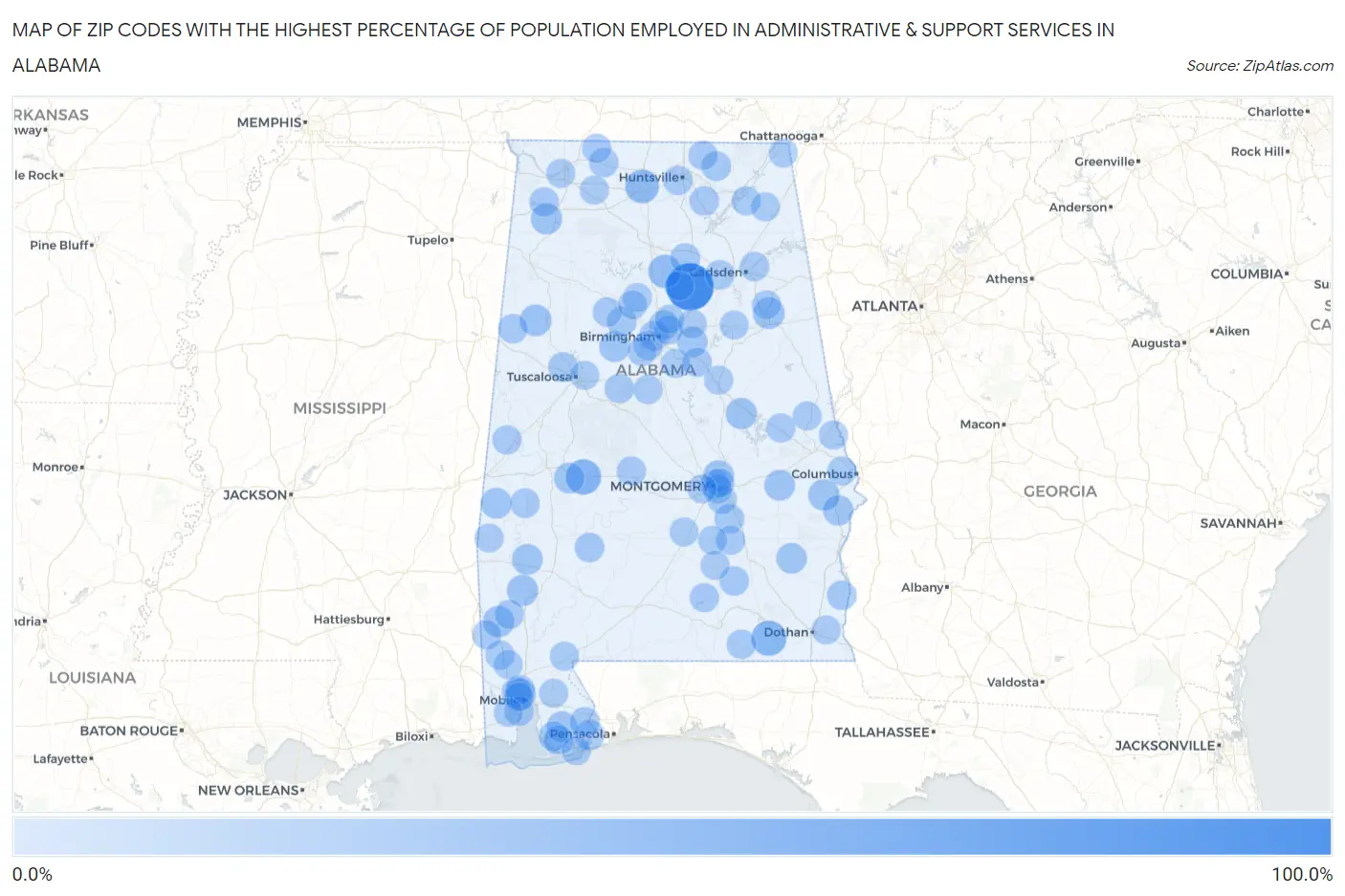 Zip Codes with the Highest Percentage of Population Employed in Administrative & Support Services in Alabama Map