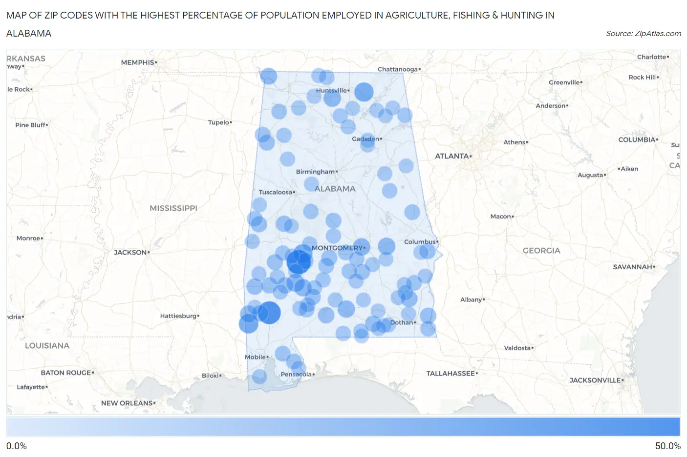 Zip Codes with the Highest Percentage of Population Employed in Agriculture, Fishing & Hunting in Alabama Map