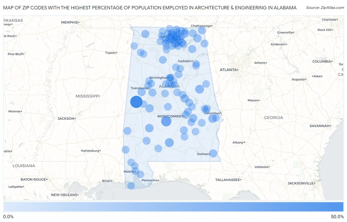 Zip Codes with the Highest Percentage of Population Employed in Architecture & Engineering in Alabama Map