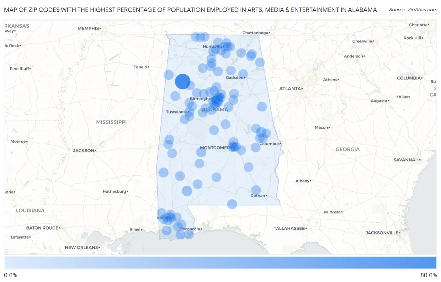 Zip Codes with the Highest Percentage of Population Employed in Arts, Media & Entertainment in Alabama Map