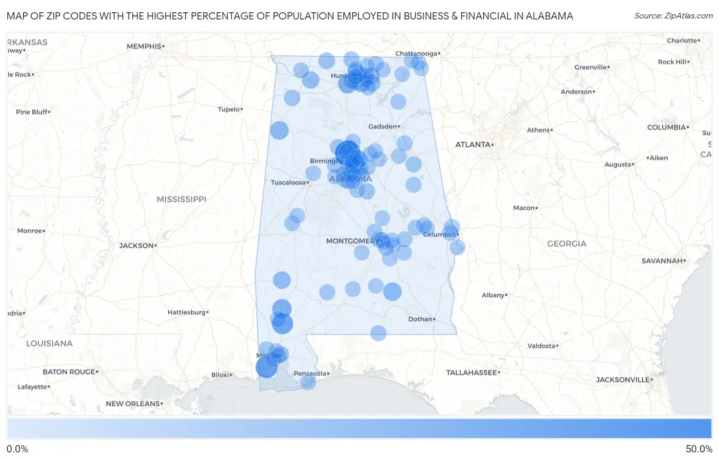 Zip Codes with the Highest Percentage of Population Employed in Business & Financial in Alabama Map