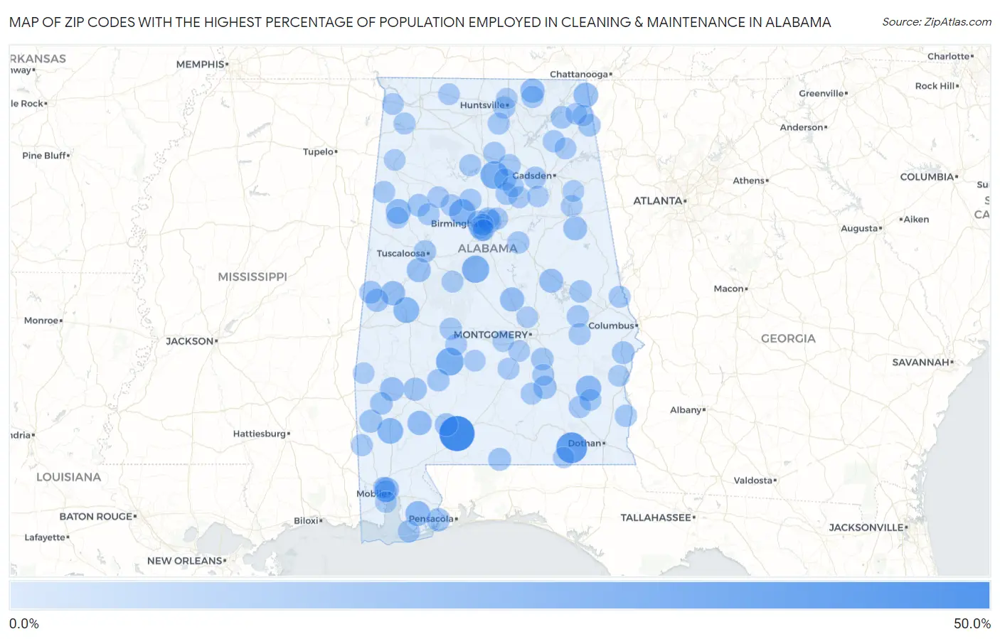 Zip Codes with the Highest Percentage of Population Employed in Cleaning & Maintenance in Alabama Map