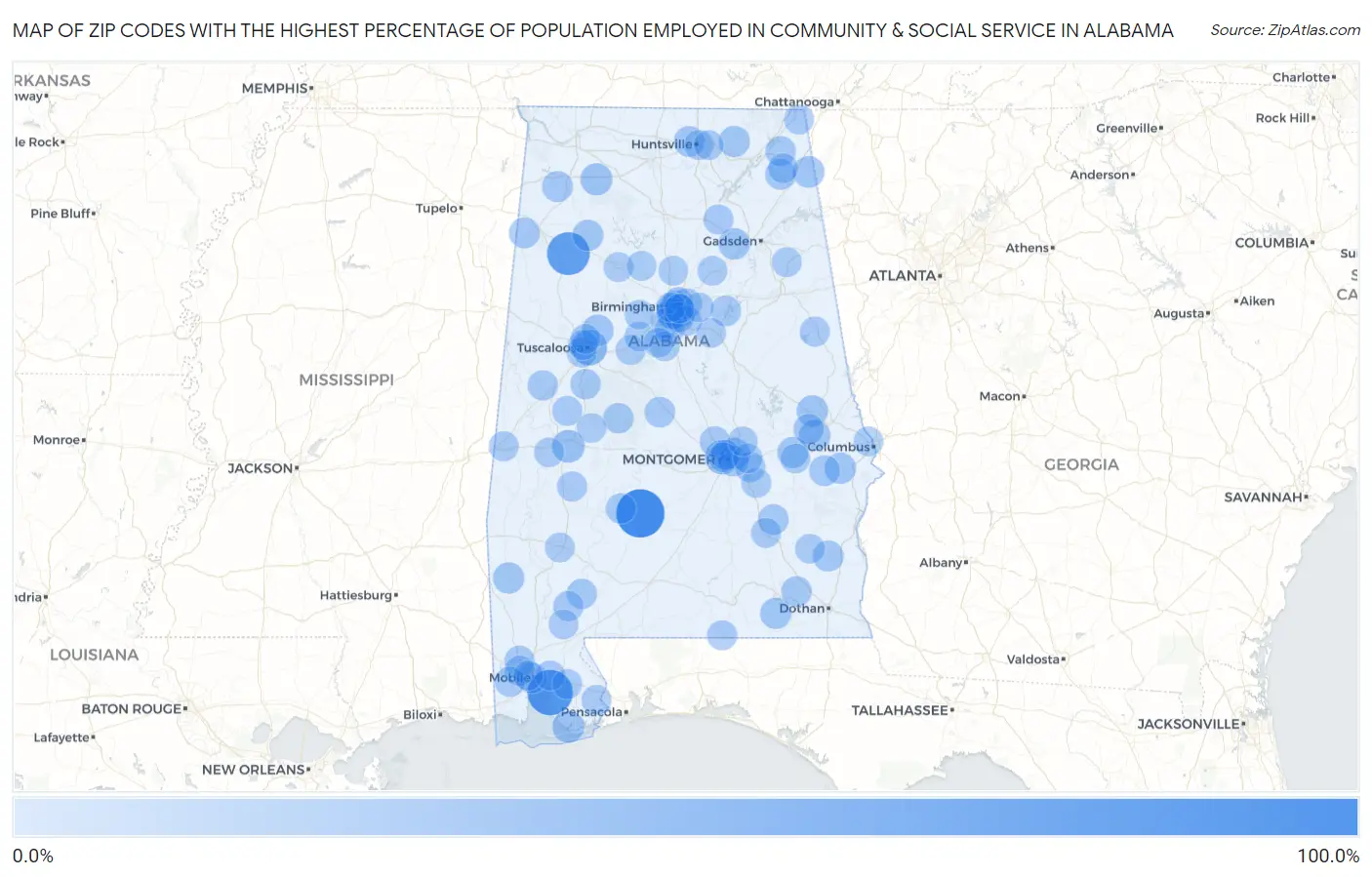 Zip Codes with the Highest Percentage of Population Employed in Community & Social Service  in Alabama Map