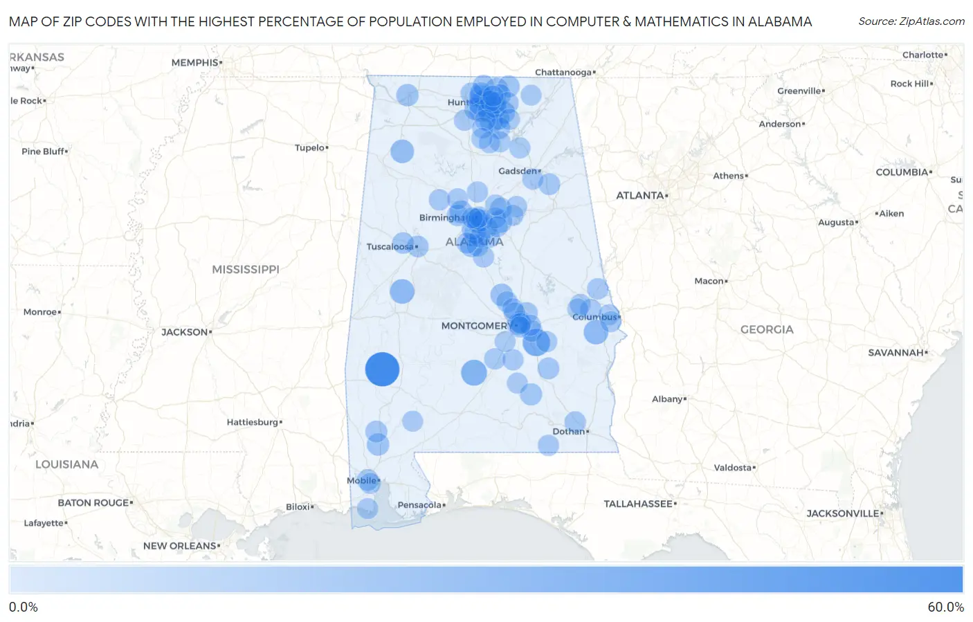 Zip Codes with the Highest Percentage of Population Employed in Computer & Mathematics in Alabama Map